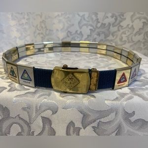 Vintage Cub Scout Belt, Brass Buckle, 24 Clip-on Badges